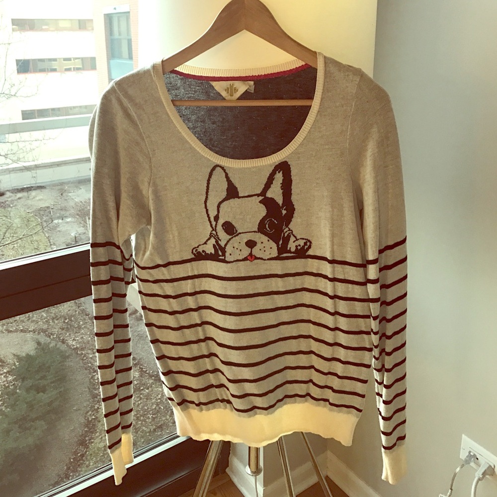Anthropologie Cream and Brown Striped Sweater with Dog Motif